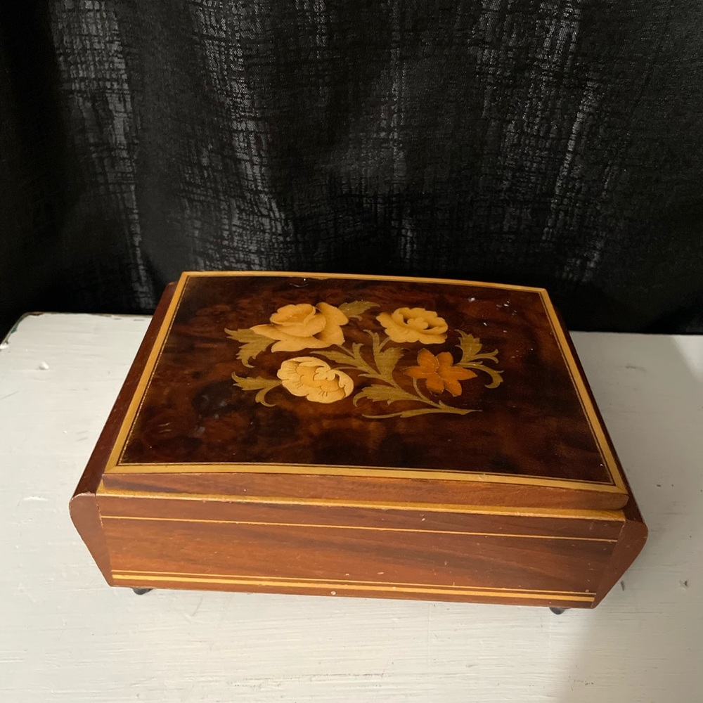 VINTAGE REUGE musical wooden box floral plays THE GODFATHER red velvet 7x5x2"